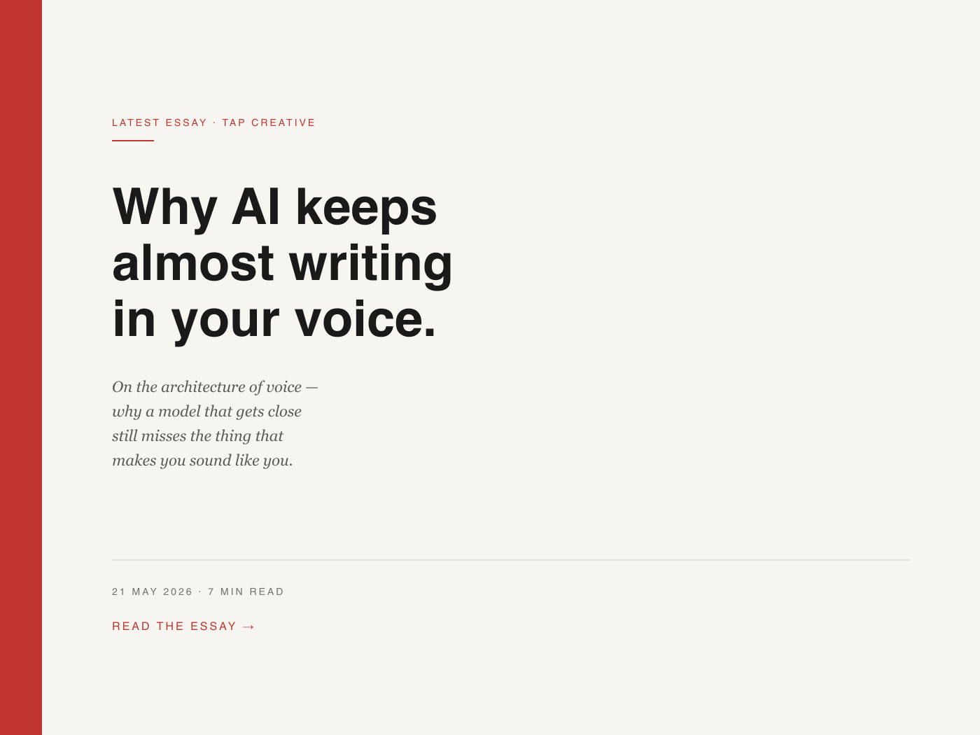 Why AI keeps almost writing in your voice — TAP Creative essay